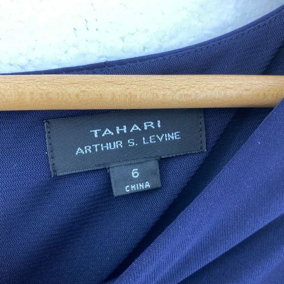 TAHARI Navy Blue 3/4 Sleeve Boat Neck Faux Wrap Dress - Picture 3 of 5